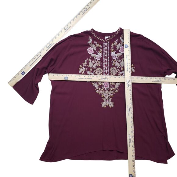Grand & Greene Tunic Top Large Burgundy Floral Embroidered Button Front - Picture 6 of 13